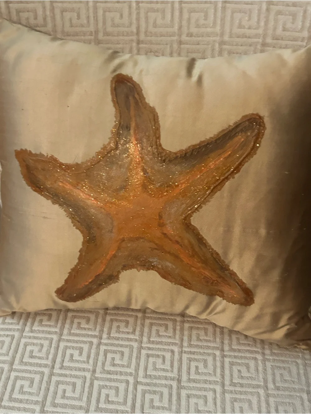 Hand painted Gold Starfish satin Accent Pillow